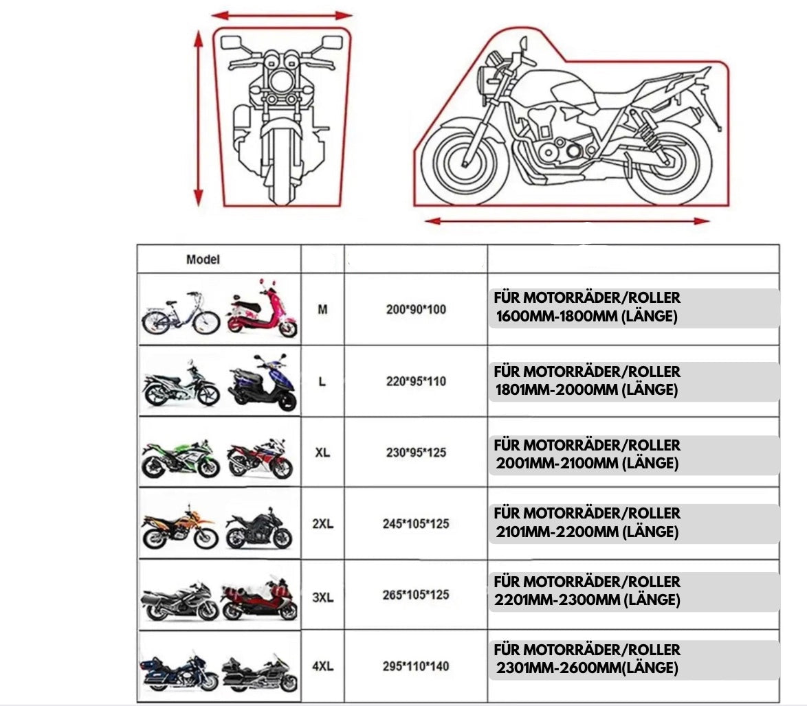 Motorradabdeckung - wasserdicht, ganzjährig, staubdicht, UV-Schutz, 190T, verschiedene Farben